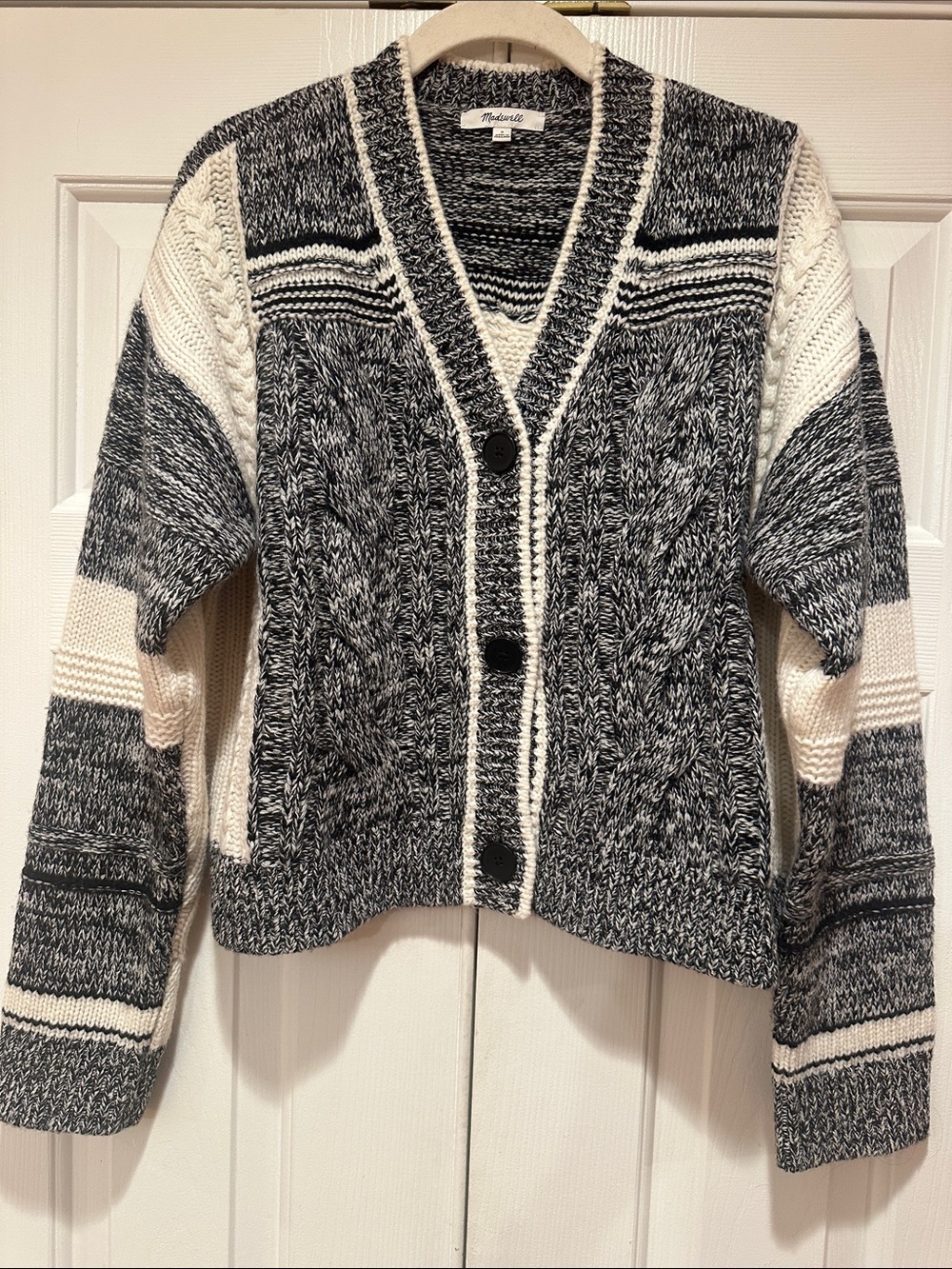 Madewell Marled Cable-Knit Patchwork Cardigan in Black and Cream NWOT size Small